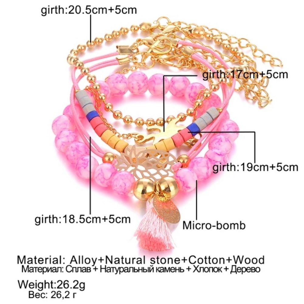 5 Piece Boho Gypsy Charm Bracelet Set Tassel Heart - Picture 4 of 5